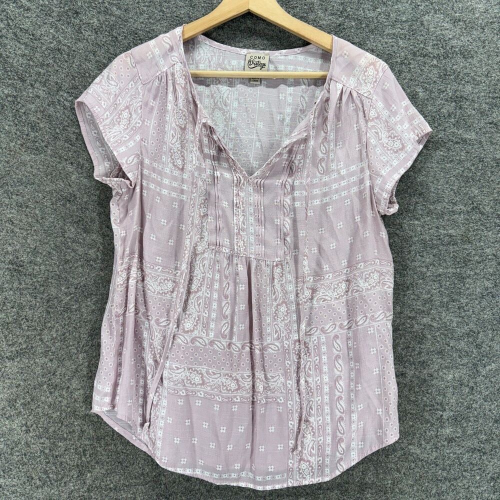 Como Vintage Blouse Women M Medium Pink Paisley V-Neck Tasseled Short Sleeve